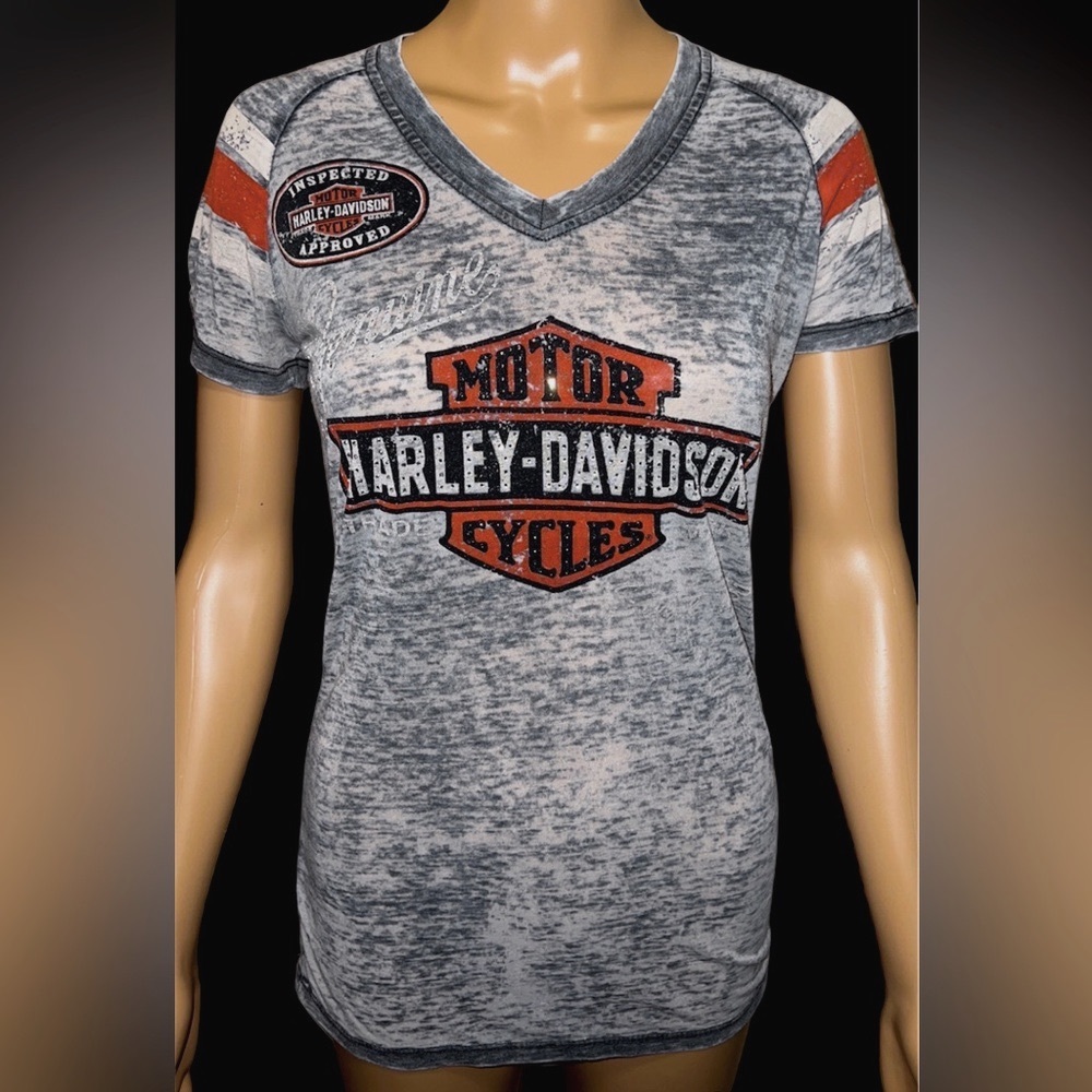Harley-Davidson Women's Genuine Oil Can Burnout T-Shirt V-Neck Gray